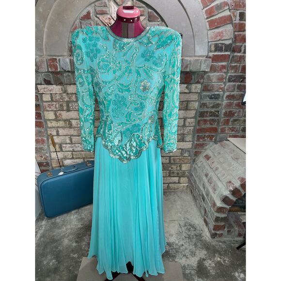 dress formal beaded 100% silk swing skirt shoulder pads blue - Picture 1 of 16